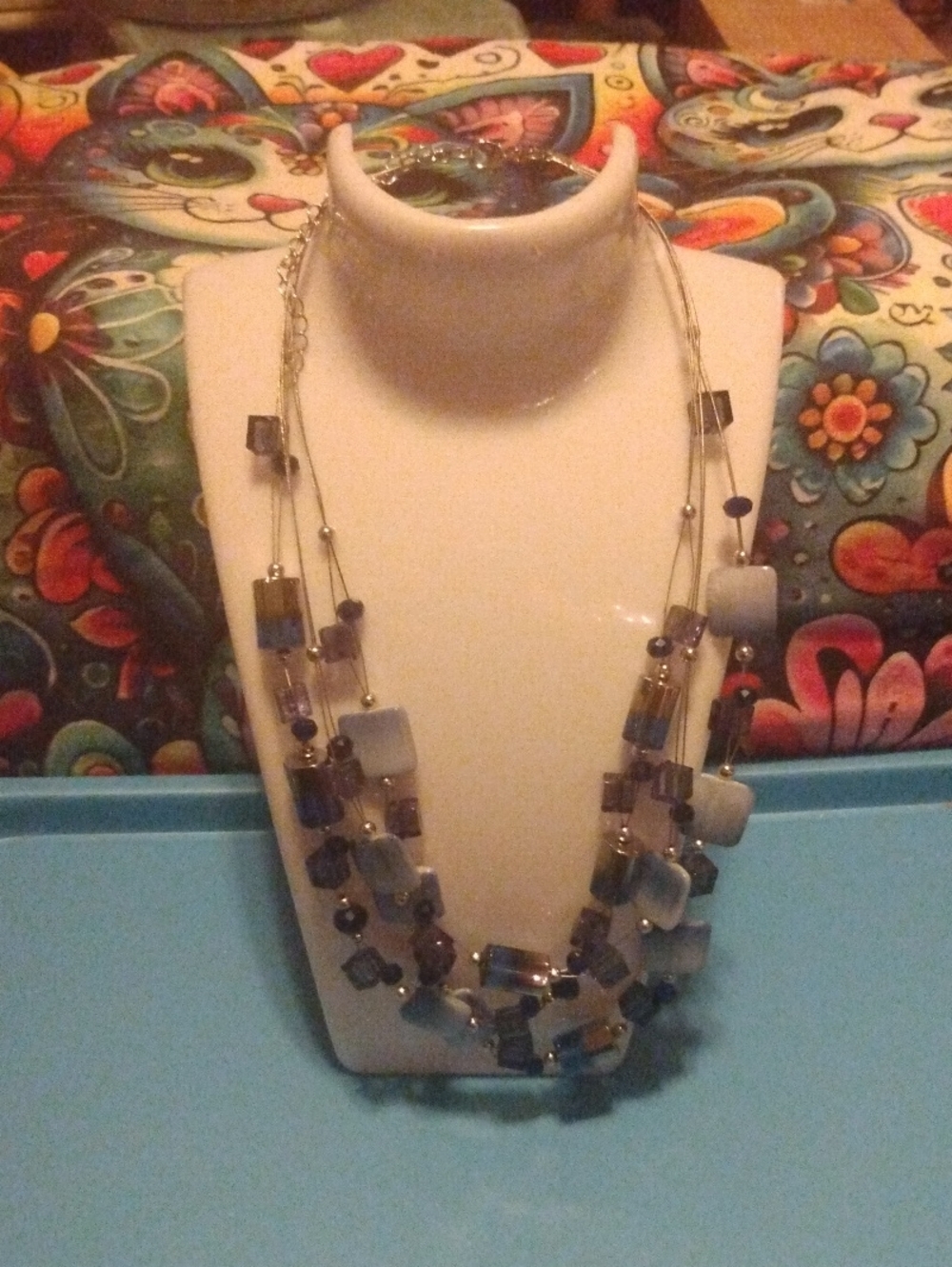 Handmade Multi-Strand Blue and Gray Glass Bead Necklace